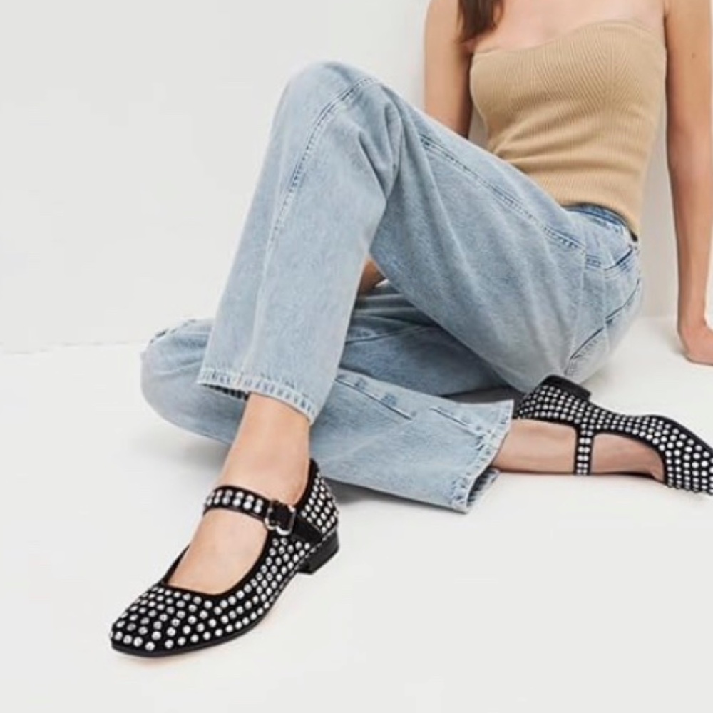 Rhinestone Studded Mary Jane Ballet Flats - Black - Size 8 - NWB